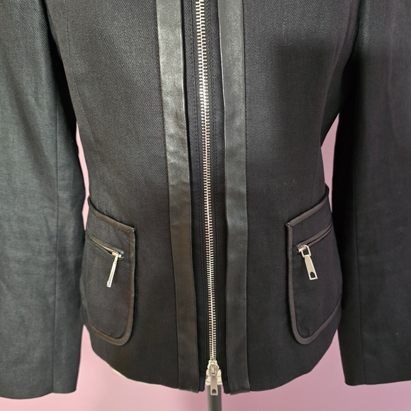 Lafayette 148 New York Black Linen Full Zip Jacket with Leather Accents 6P - Picture 10 of 12